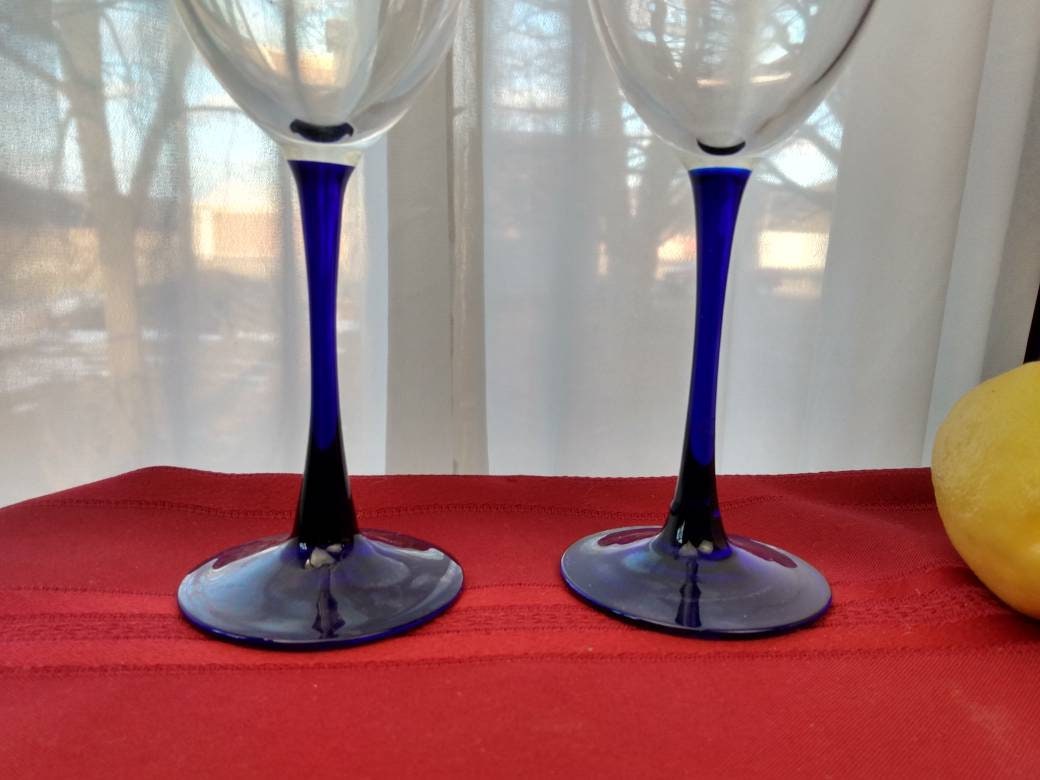 Luminarc Cobalt Stem Water Glasses Set Of 2 Blue Retro 80's Stemware