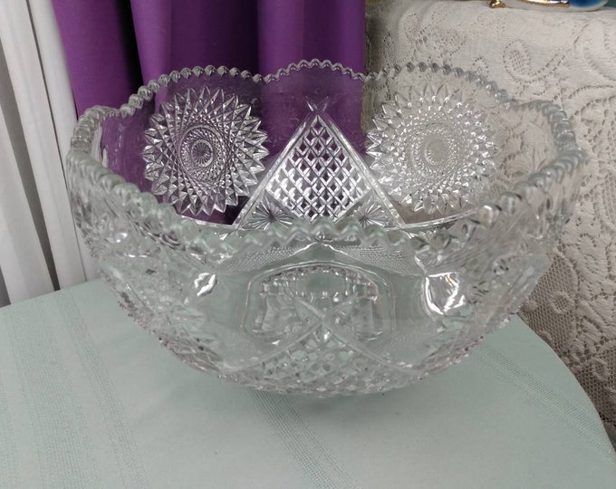 Vintage Duncan 40 Clear Diamond And Star Punch Bowl EAPG Crosshatch Hobstar RARE Bassettown