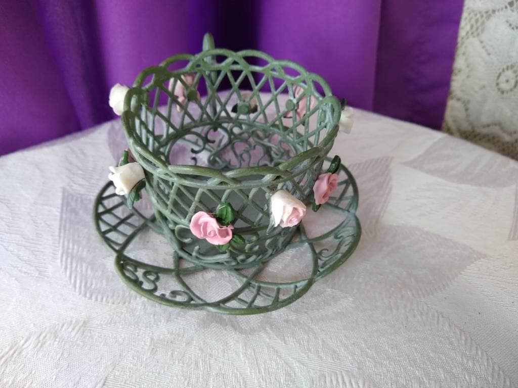 Teacup Candle Votive Holder Partylite Metal Green Lattice Tea Cup Pink