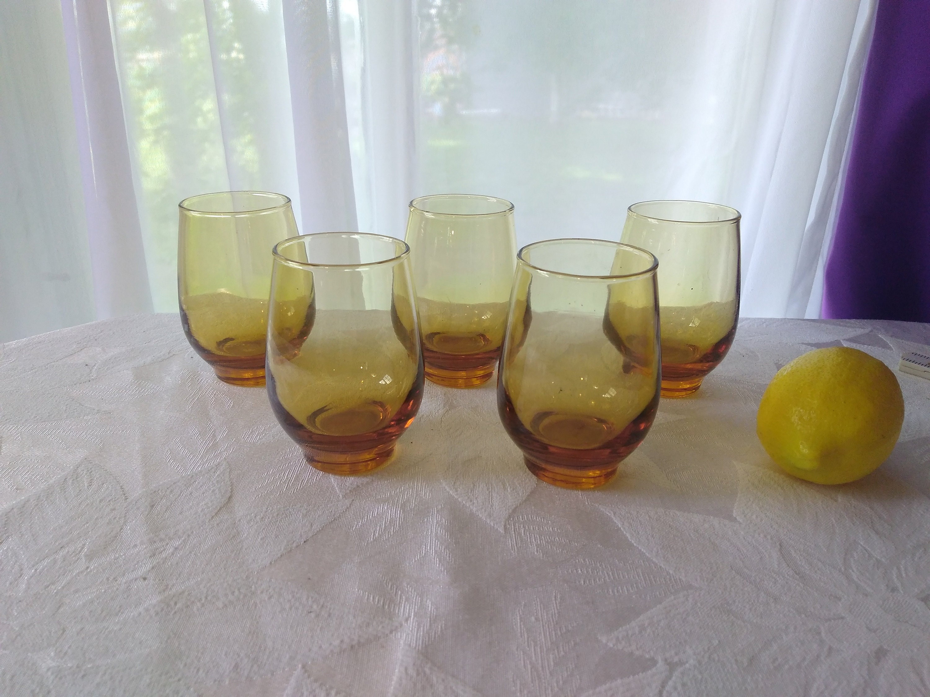 Set of 5 Vintage Amber Libbey Tempo Mod Retro Juice Glasses Yellow Mod Kitchen Decor