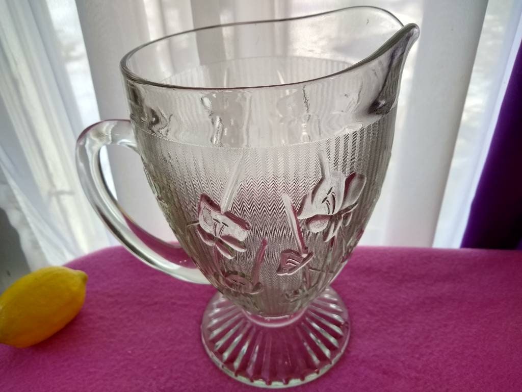 Iris And Herringbone Glass Pitcher True Depression Glass