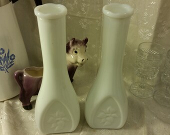 Pressed Milk Glass Bud Vase Set of 2 White Shabby Chic Embossed Floral Design Wedding Decor