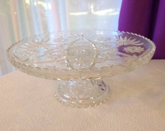 Anchor Hocking Prescut Glass Cake Stand 13 Inch # 706 Cake Platter (2 Piece) Candy Dish Vase Cut Crystal Style Glass DIY Affordable Wedding