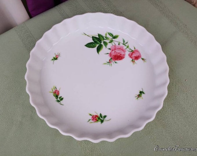 Vintage Stoneware, Christine Holme, Pink Roses Quiche Dish, Pie, Tart, Bake Pan, Baking Dish Fluted Edge Christine Holme 10 Inch