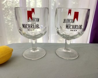 Michelob Thumbprint Goblets Set Of 2 Retro Barware Sturdy Logo Beer Glasses Home Stemware Man Cave Gift For Him Vintage 70's Bartlet Collins