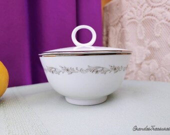 Noritake Sugar Bowl Olivia 6987 Rare Vintage Fine China Gray Floral Scroll White Porcelain Platinum Trim