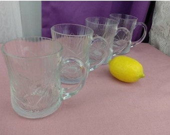 Arcoroc Clear Glass Canterbury Crocus Pattern Coffee Mugs Set Of 4