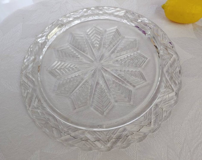 Jeannette Feather Pattern Snowflake 9 Inch Footed Cake Plate Clear Glass Mid Century Affordable Gift DIY Wedding Birthday Party Platter