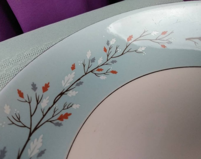 Century Service Lynnwood Coup Soup Bowl China Vintage Replacement Dishes Bowls Aqua Rust White Gray Leaves Light Blue Border