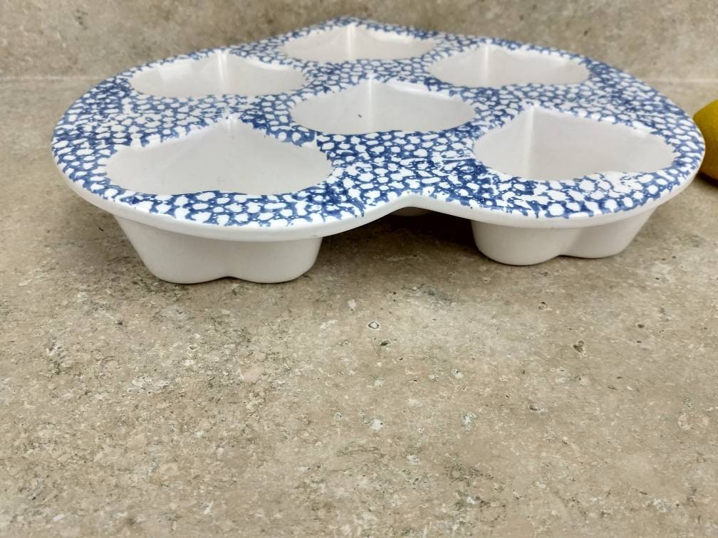 Blue Stoneware Heart Muffin Dish Blue Heart Shape Spongeware Muffin Pan