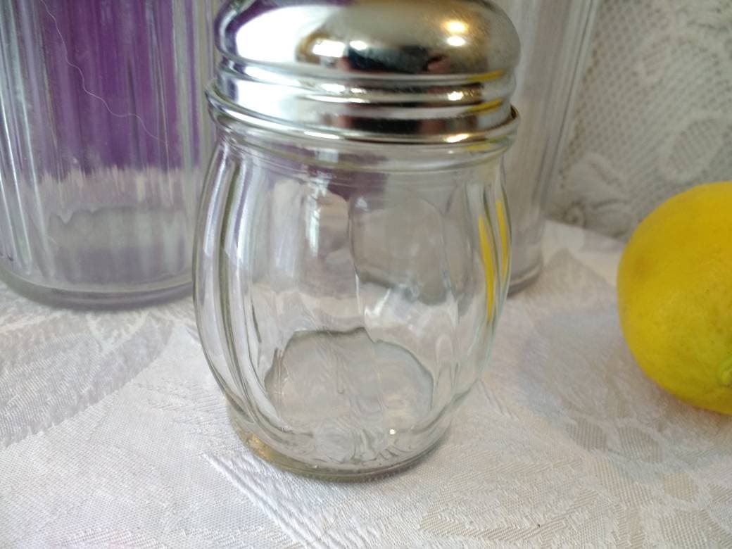 Set of 3 Glass Metal Topped Kitchen Shakers Diner Sugar Pourer Dispenser, Parmesan Cheese, Red