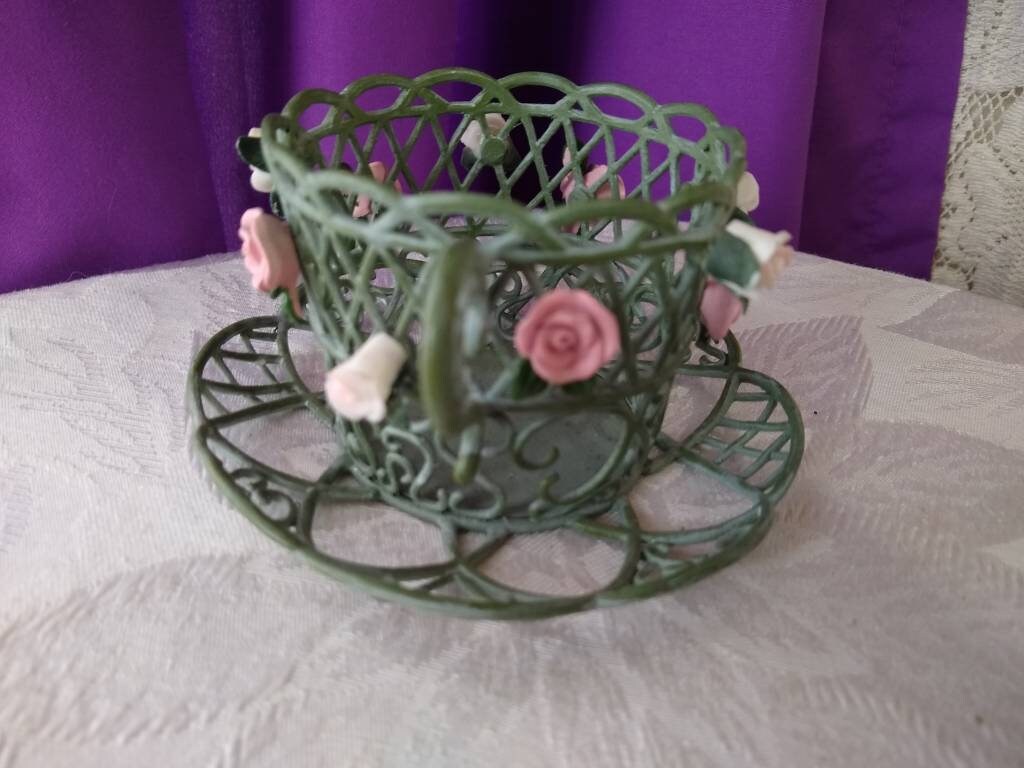 Teacup Candle Votive Holder Partylite Metal Green Lattice Tea Cup Pink