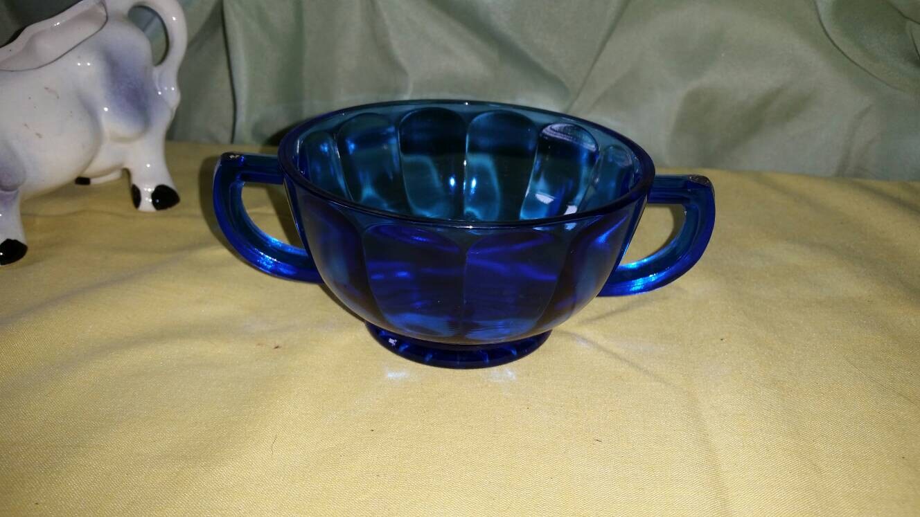 Paneled Cobalt Blue Glass Sugar Bowl Vintage Grande's Treasures