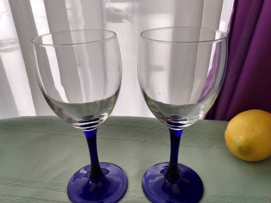 Luminarc Cobalt Stem Wine Glasses Set Of 2 Blue Retro 80's Stemware