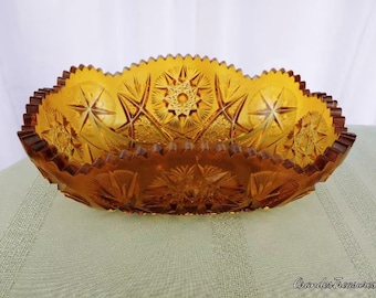 Vintage Glassware L. E. Smith Amber Rectangle EAPG Hobstar Fruit Bowl Sawtooth Edge RARE Golden Yellow Serving Centerpiece Bowl