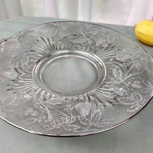 Paden City Silver Overlay Torte Plate Pedestal Platter 13 1/2 inch x 11 1/4 inch Beautiful Silver Intact Serving Platter Affordable Wedding image 1