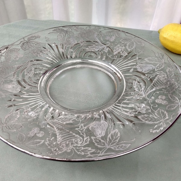 Paden City Silver Overlay Torte Plate Pedestal Platter 13 1/2 inch x 11 1/4 inch Beautiful Silver Intact Serving Platter Affordable Wedding