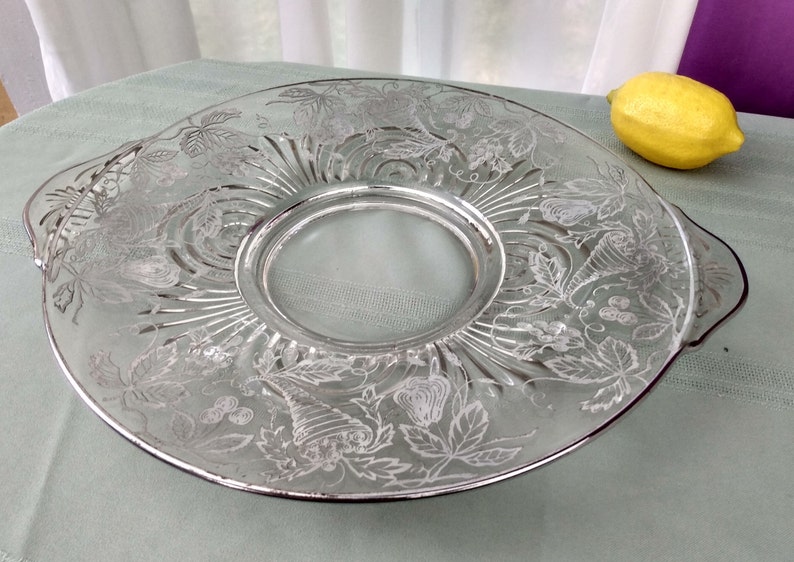 Paden City Silver Overlay Torte Plate Pedestal Platter 13 1/2 inch x 11 1/4 inch Beautiful Silver Intact Serving Platter Affordable Wedding image 1