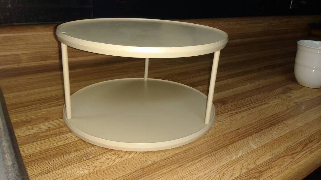 Double Decker Twin Turn Table Plastic Two Tier Lazy Susan Beige