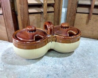 Pottery Stoneware Condiment Double Server Brown Beige Tan Catsup Mustard Mayonnaise Serving Dish Tan & Dark Brown