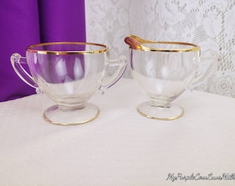 Vintage Mid Century Anchor Hocking Classic Footed Clear Creamer And Open Sugar Bowl With Gold Trim Rim Mid Century Glassware