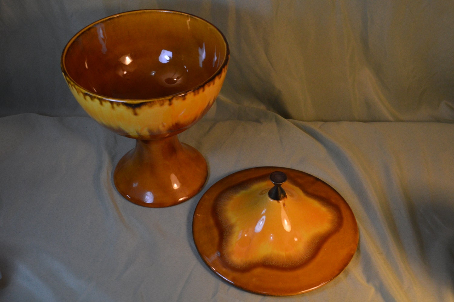 Royal Haeger Atomic Ceramic Candy Dish Compote Drip Glaze With Cover