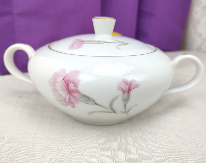 Vintage Dinnerware, Royal Court, Fine China, Carnation, Sugar Bowl Pink Carnation On White Porcelain Gold Accent Rim