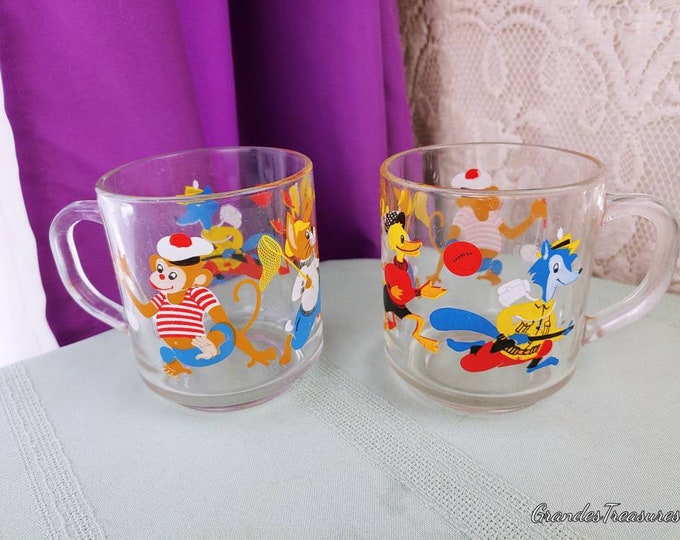 Arcoroc  Cartoon Glass Mugs Children's Mugs Fox Rabbit Monkey Duck Cartoon ~ Set Of 2