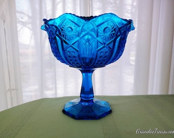 Vintage L.E. Smith EAPG Heritage Quintec Turquoise Cut Glass Compote Early American Pressed Glass Pedestal Footed Candy Dish