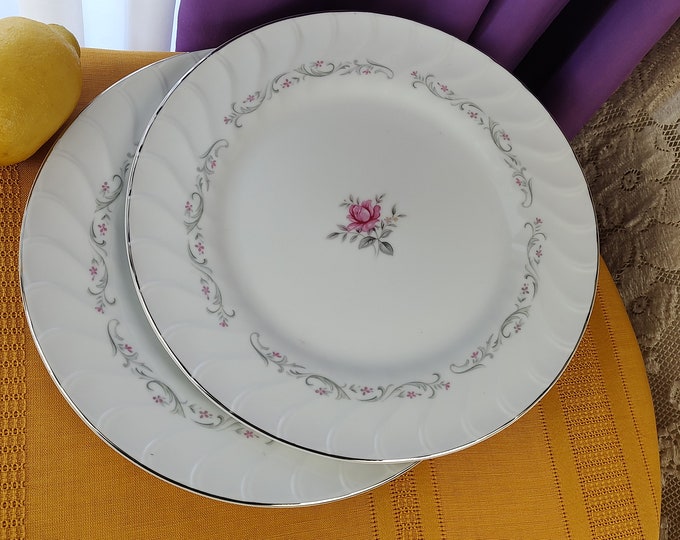 Vintage Dinnerware, Royal Swirl, Fine China, Dinner Plates Set Of 2, Pink Rose On White Silver Trim Swirl Rim