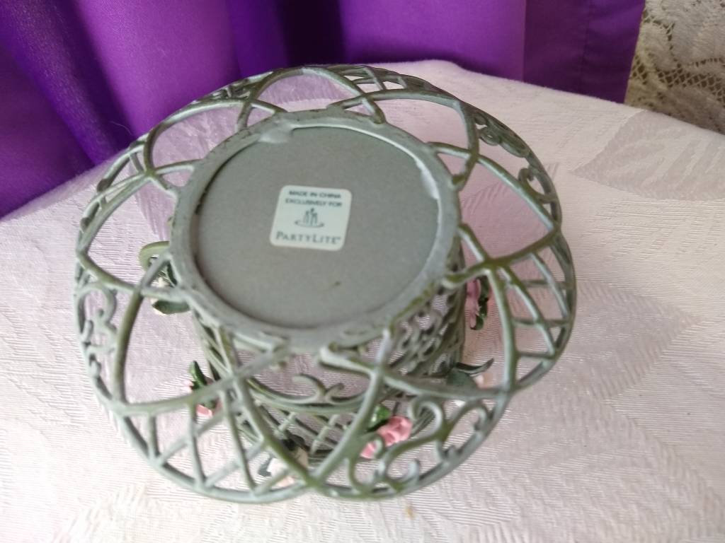 Teacup Candle Votive Holder Partylite Metal Green Lattice Tea Cup Pink