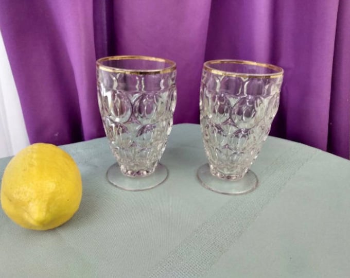 Jeannette Thumbprint Juice Glasses Footed Clear Gold Trim Thumb Print Mid Century Drinkware