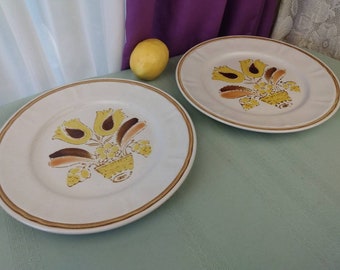 Vintage Dinnerware, American Hearthside Bountiful Dinner Plates Replacement Stoneware Harvest Yellow Brown Beige Japan GrandesTreasures