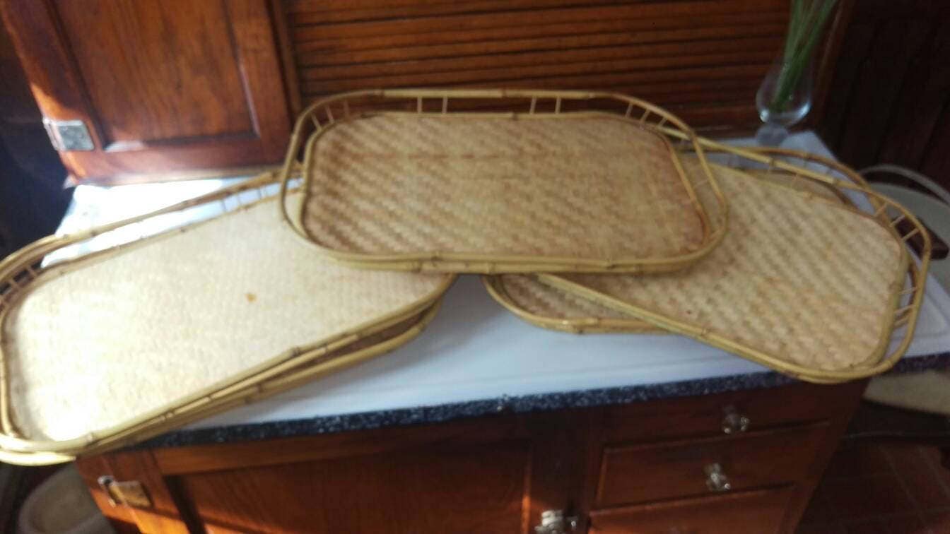 Large Natural Rattan Wicker Tiki Bamboo TV Dinner Lap Trays Set of 5
