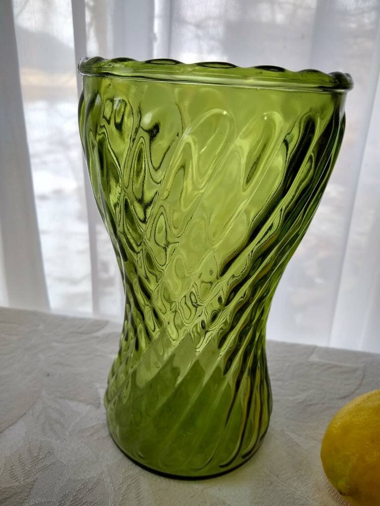 Large Olive Green Flower Vase Cross Hatched Swirl Pattern Beveled Rim