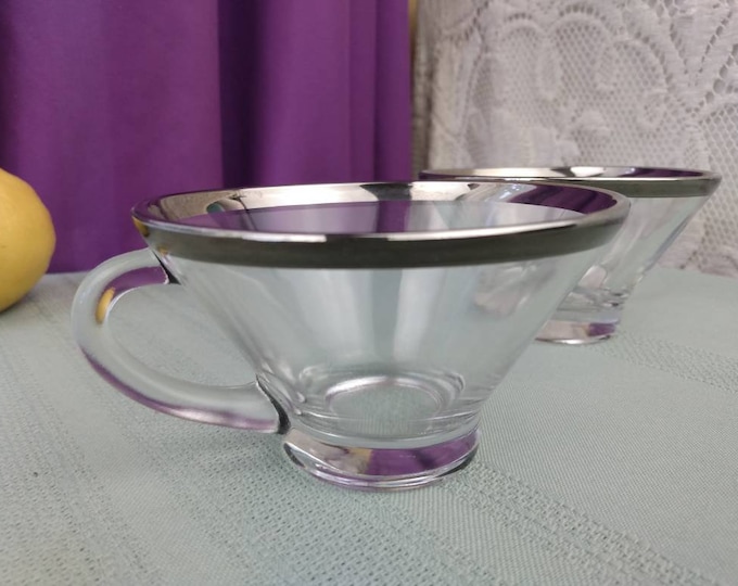 Beautiful Mid Century  Clear Glass Punch Bowl Tea Cup With Platinum or Silver Rim ~ Set Of 2 ~ Brand Unknown Anchor Hocking / Libbey ? Rare