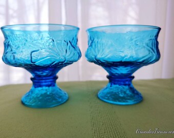 Laser Bright Blue RainFlower Footed Dessert Dishes By Anchor Hocking Set Of 2 Vintage Azure Sherbert Cups
