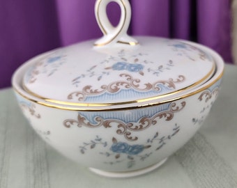 Vintage China, Antique Dinnerware, Sugar Bowl Seville Imperial W Dalton 5303 Blue Tan Gold White