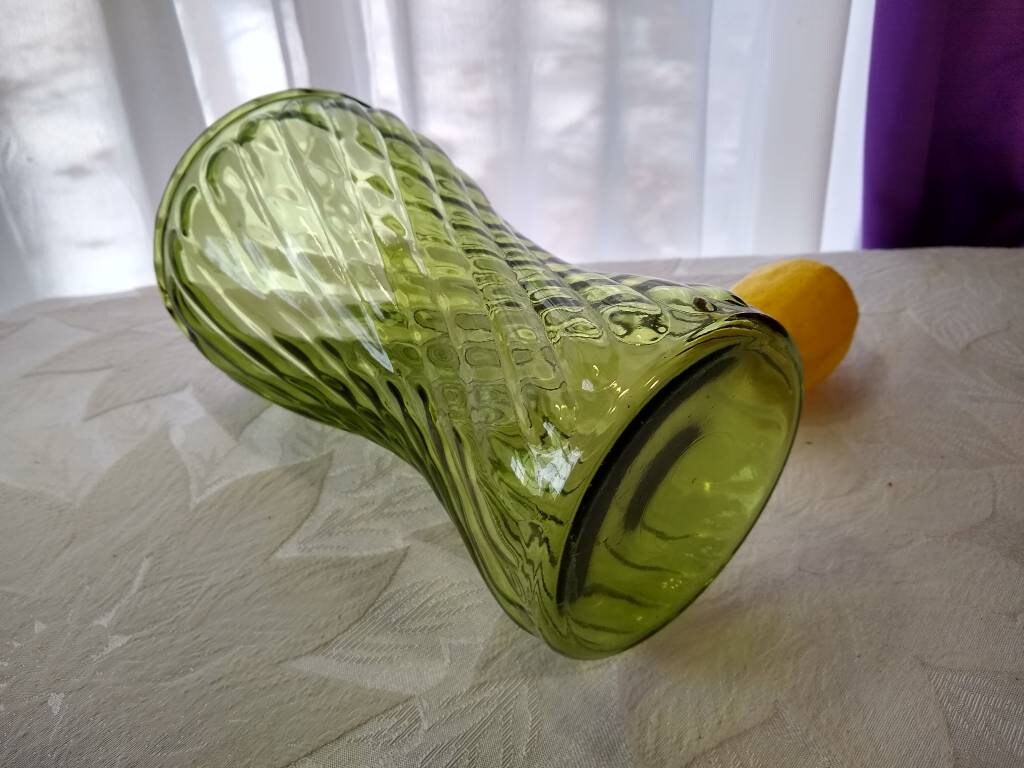 Large Olive Green Flower Vase Cross Hatched Swirl Pattern Beveled Rim