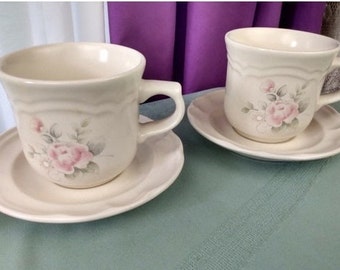 Pfaltsgraff Tea Rose Cup And Saucer 2 Sets Stoneware Pink Blue Floral On Beige Drinkware Ceramic Shabby Chic Country Cottage Pink Rose