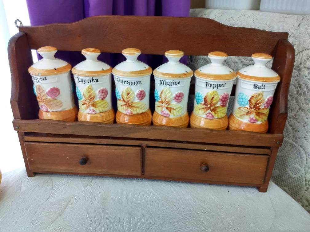 Mid Century 1 Tier Wood Spice Rack Set With Ceramic Spice