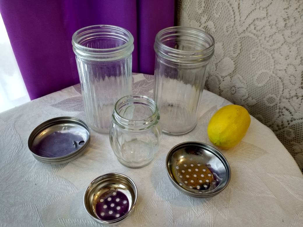 Set of 3 Glass Metal Topped Kitchen Shakers Diner Sugar Pourer