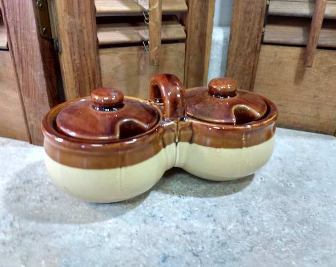 Double Pottery Stoneware Condiment Server With Matching Spoons Catsup Mustard Mayonaise Serving Dish Tan & Dark Brown