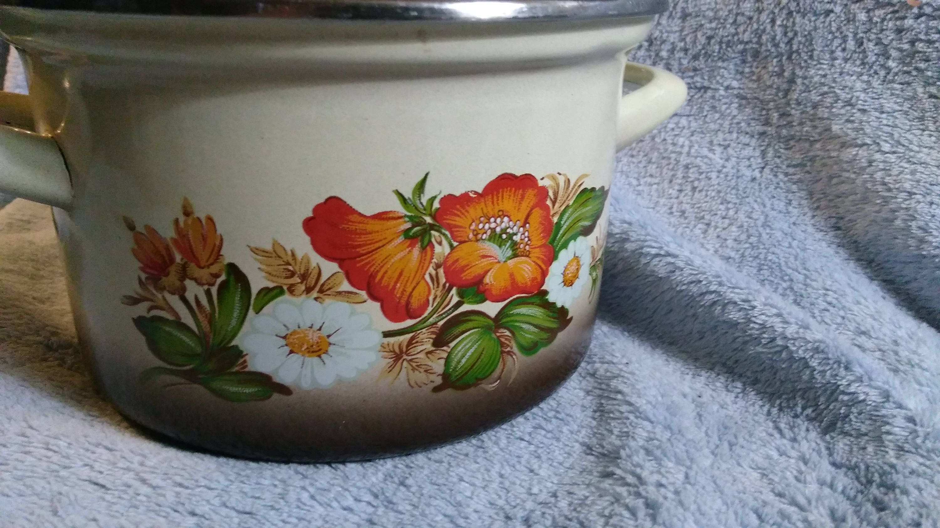 Enamel Enamalware Pots & Pand With Lids Set of 2 Brown And Beige Orange