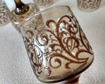 Vintage Glass Wine Stemware, Antique Goblets Scrolled Set Of 2 Glasses Scroll Pattern Footed Glasses Stemware Clear Brown