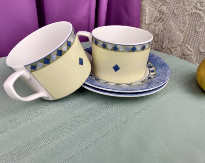 Royal Doulton Carmina Cup With Saucer Set Of 2 Fine China Large Flat Coffee Replacement Coffee Tea Cups Blue And Yellow China