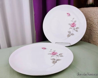 Vintage Dinnerware, Enchanted Rose Lennold Fine China Japan 1583  Dinner Plates ~ Set Of 2 ~ Mismatched Rose Replacements Pink And Gray