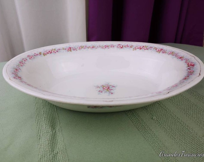 Dainty By Grindley England  10 inch Oval Serving Bowl Pink Flowers On light Blue Border Center Newfield Pottery Staffordshore 1914-1925