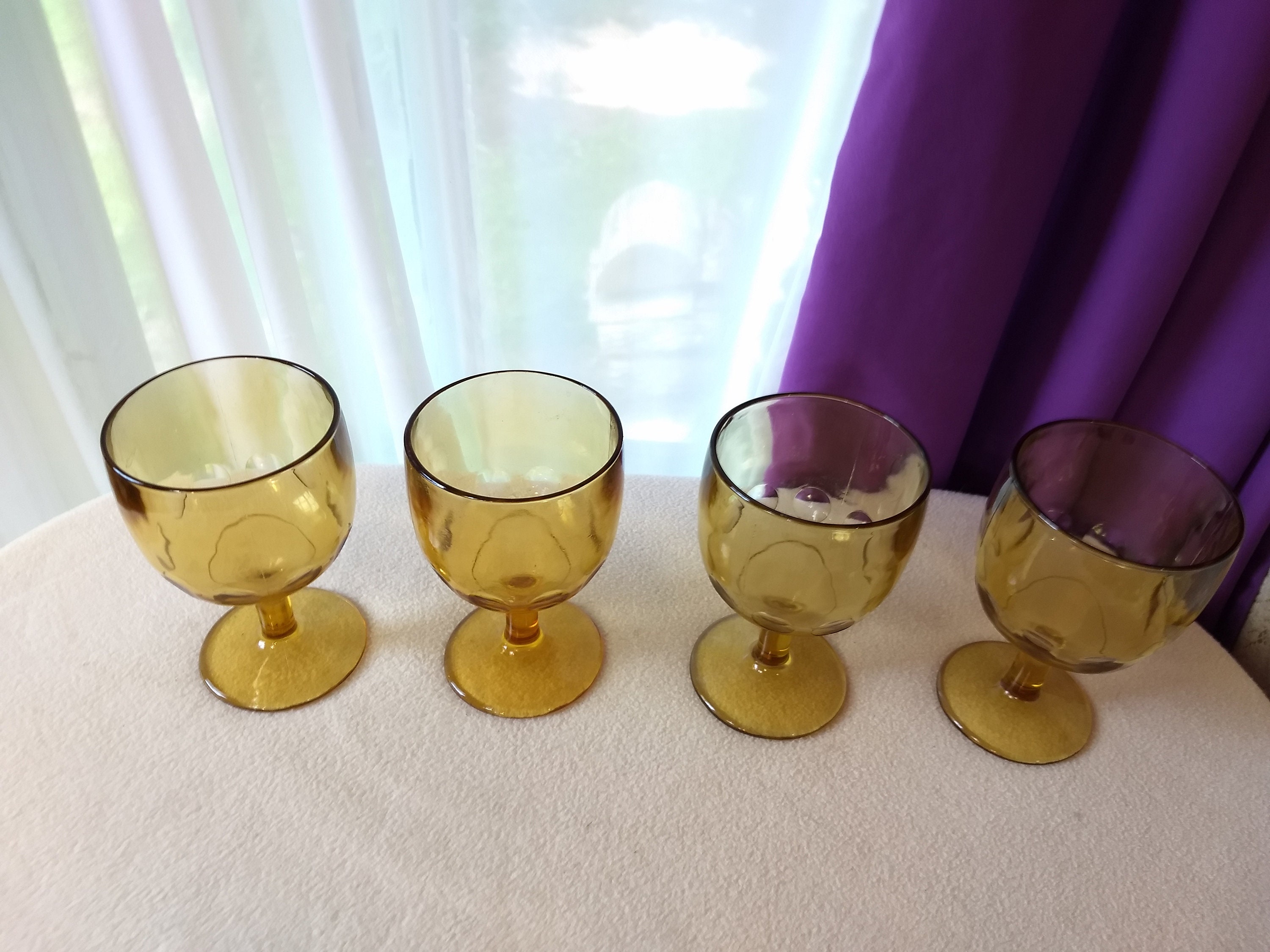 Bartlett Collins Schooners Amber Yellow Glass Goblets Thumbprint Coin