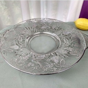Paden City Silver Overlay Torte Plate Pedestal Platter 13 1/2 inch x 11 1/4 inch Beautiful Silver Intact Serving Platter Affordable Wedding image 3
